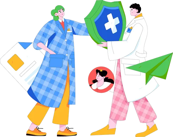 Equipo médico mostrando seguro médico.  Ilustración