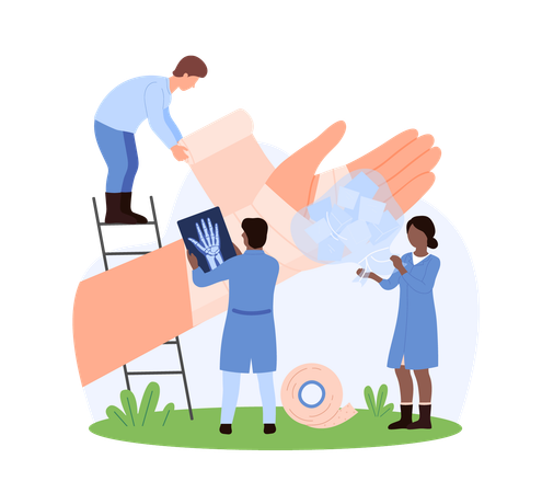 Equipo médico que trata lesiones en las manos  Ilustración