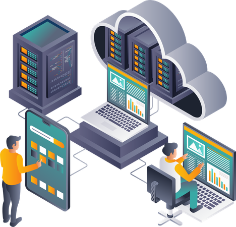 Equipo que garantiza la seguridad de las transacciones en servidores en la nube  Illustration