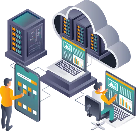 Equipo que garantiza la seguridad de las transacciones en servidores en la nube  Illustration