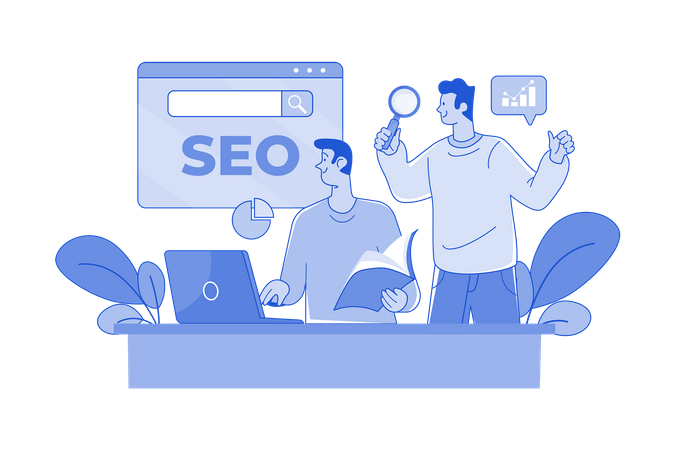 El equipo de SEO trabaja en la investigación de SEO  Ilustración