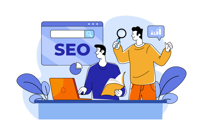 El equipo de SEO trabaja en la investigación de SEO  Ilustración