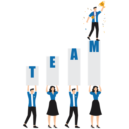 Equipo sosteniendo un trofeo, lo que representa el logro del éxito empresarial  Ilustración