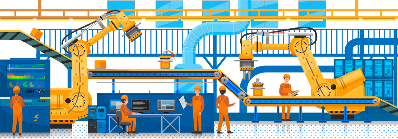 El equipo técnico trabaja con tecnologías en la fábrica.  Ilustración