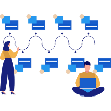 El equipo trabaja en datos gráficos de información.  Ilustración