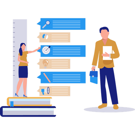 El equipo trabaja en infografías empresariales.  Ilustración