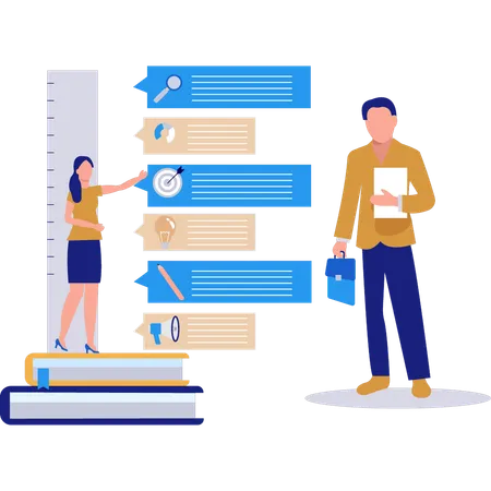 El equipo trabaja en infografías empresariales.  Ilustración