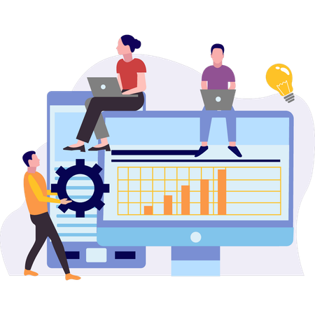 Equipo trabajando en la configuración de gráficos  Ilustración