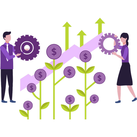 Equipo trabajando en el crecimiento del dólar  Ilustración