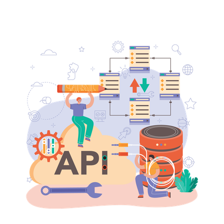 Equipo trabajando en la interfaz API  Ilustración