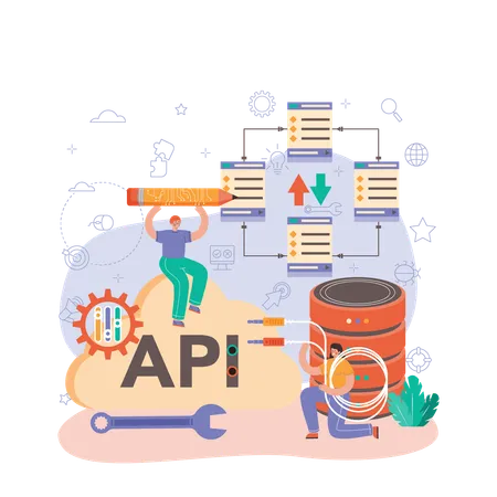 Equipo trabajando en la interfaz API  Ilustración