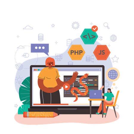 Equipo trabajando en lenguajes de programación.  Ilustración