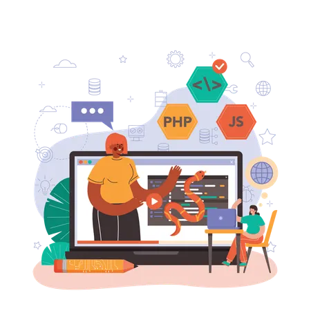 Equipo trabajando en lenguajes de programación.  Ilustración