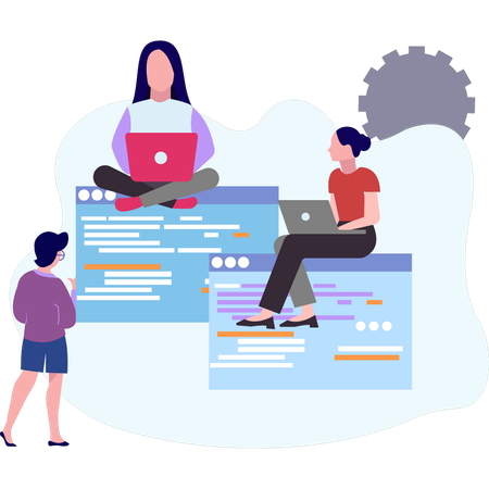 Equipo trabajando en programación de software.  Ilustración