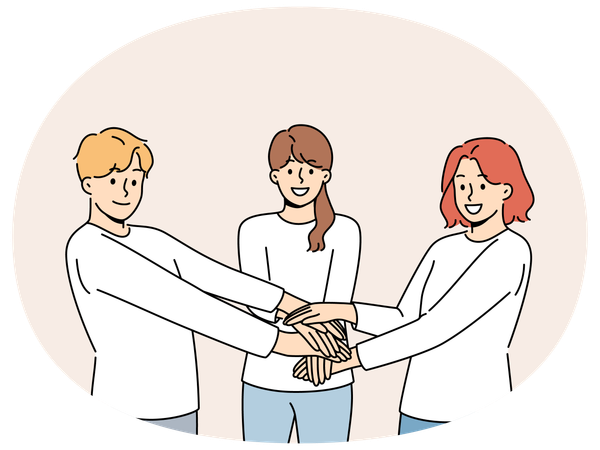 Las personas de un equipo amistoso que se toman de la mano demuestran cohesión y unidad.  Ilustración