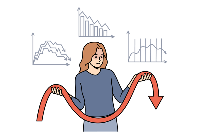 Erfolglose Investitionen verursachen negative Emotionen bei einer Frau, die zwischen fallenden Charts steht  Illustration