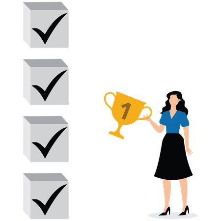 Erfolgreiche Geschäftsfrau hält Siegertrophäe mit Gewohnheitscheckliste  Illustration