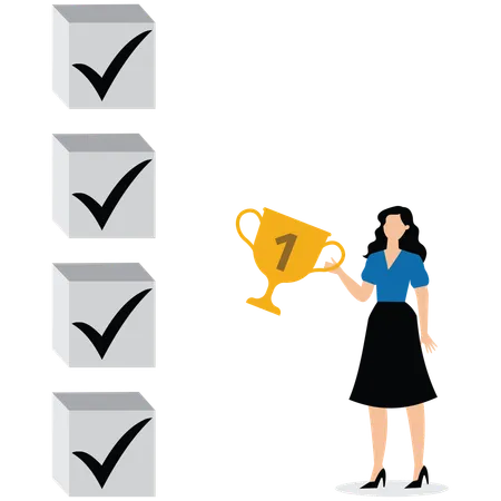 Erfolgreiche Geschäftsfrau hält Siegertrophäe mit Gewohnheitscheckliste  Illustration