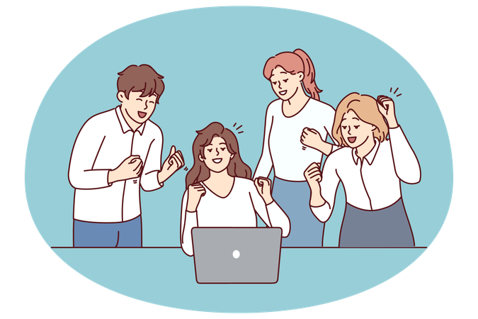Erfolgreiche Mitarbeiterinnen und Mitarbeiter eines modernen Startups freuen sich und schauen auf den Laptop-Bildschirm  Illustration