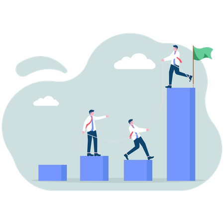 Erfolgreicher Unternehmensleiter hilft seinem Team, die höchsten Balkendiagramme zu erklimmen  Illustration