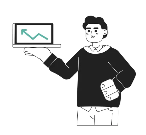 Erfolgreicher Mann Investor zeigen Diagramm Gewinn Pfeil auf Laptop  Illustration