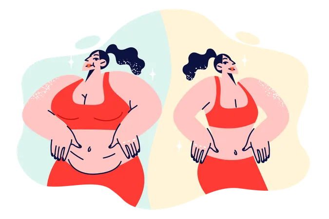 Ergebnis der Gewichtsabnahme für dicke Frau, die dank Diäten und Fitness zusätzliche Pfunde losgeworden ist  Illustration