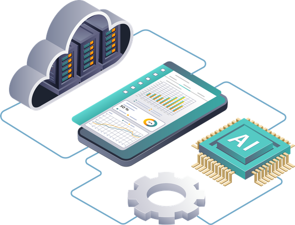 KI in der Cloud-Server-Datenanalyse mithilfe von Smartphone-Apps erkunden  Illustration