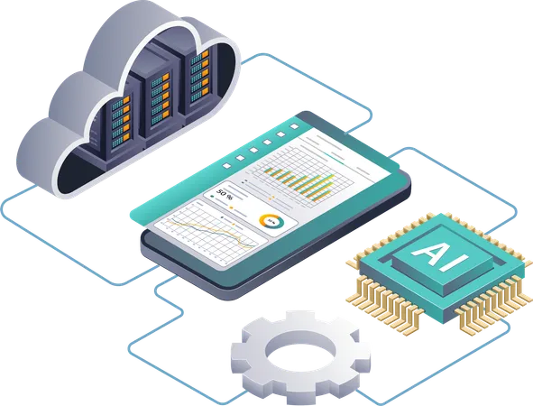 KI in der Cloud-Server-Datenanalyse mithilfe von Smartphone-Apps erkunden  Illustration