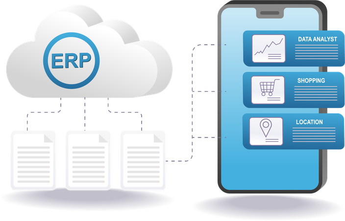 ERP 클라우드 서버 비즈니스 데이터 스마트폰 애플리케이션  일러스트레이션