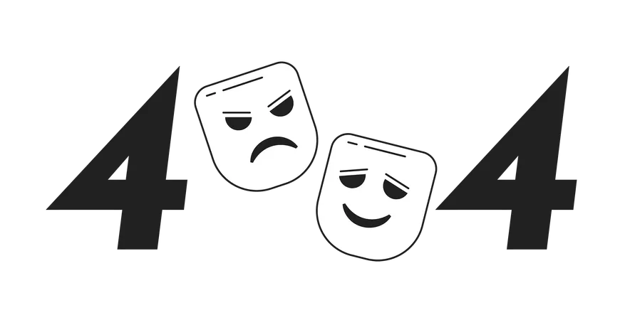 Mensagem flash de erro 404 da máscara de teatro de comédia e tragédia  Ilustração