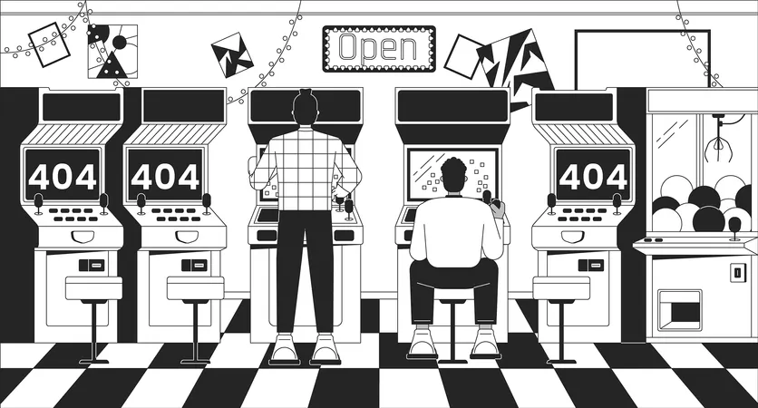 Homem jogando arcade erro 404  Ilustração