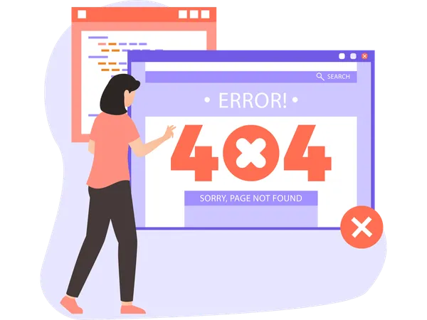 Mujer frente a error de página  Ilustración