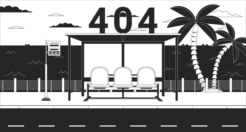 Bus Stop Bench On Twilight Waterfront Black White Error 404 Flash Message Waiting Bus Monochrome Landing Page Ui Design Not Found Cartoon Image Dreamy Vibes Vector Flat Outline Illustration Illustration