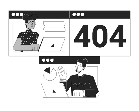 La cámara falló en una reunión en línea, mensaje flash de error 404 en blanco y negro  Ilustración