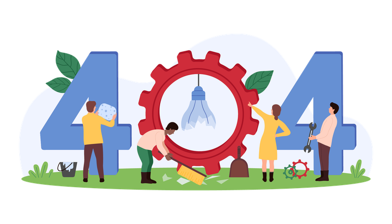 Personas que se enfrentan al error del sistema 404  Ilustración