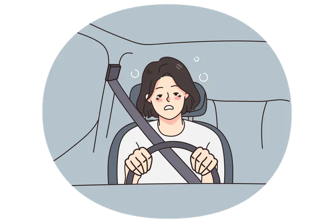 Erschöpfte Frau am Steuer fühlt sich unwohl  Illustration
