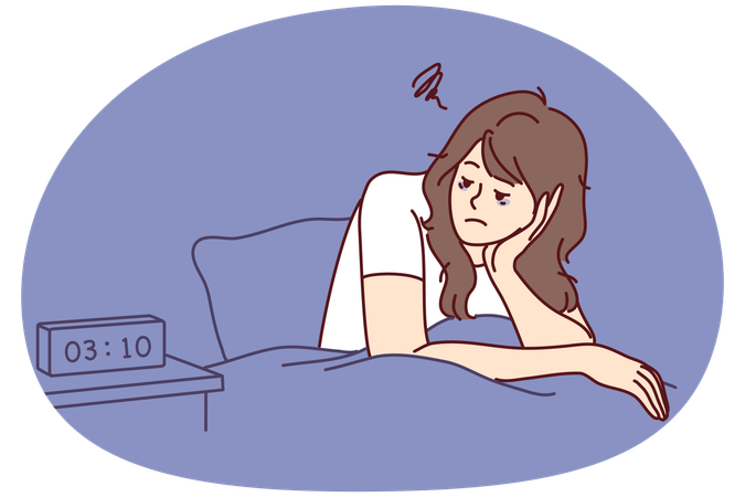 Erschöpfte Frau sitzt im Bett und leidet unter Schlaflosigkeit  Illustration