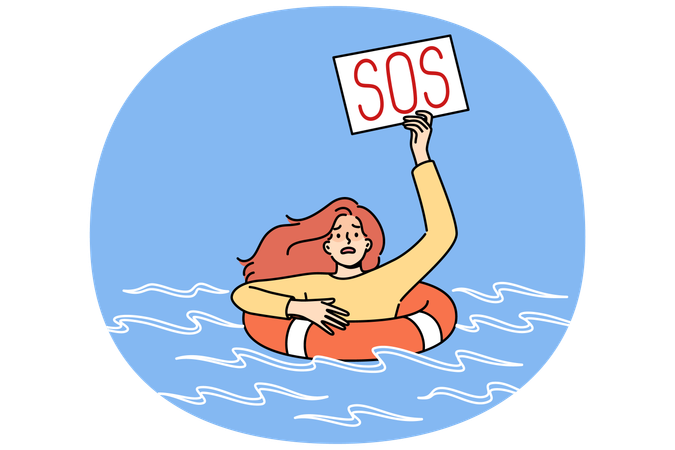 Ertrinkende Frau mit SOS-Zeichen nutzt Rettungsring  Illustration