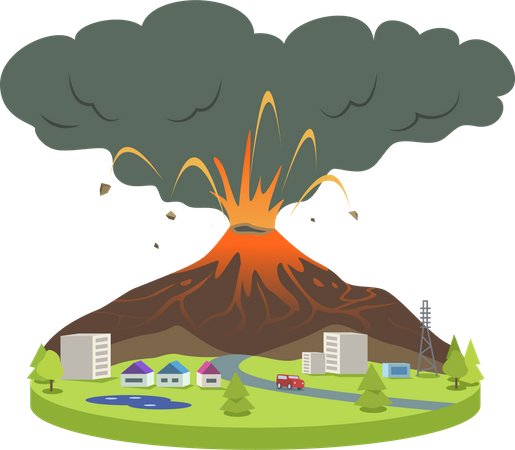 Erupção vulcânica em cidade pequena  Ilustração