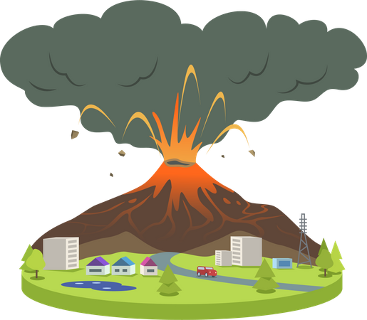 Erupción de volcán en pequeña ciudad  Ilustración