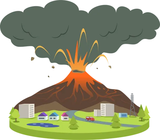 Erupcion Del Volcan En La Ilustracion Vectorial De Dibujos Animados De Una Pequena Ciudad Actividad Volcanica Volcan Activo Que Arroja Lava Y Humo Catastrofe Calamidad Desastre Natural De Color Plano Aislado Sobre Fondo Blanco Ilustración
