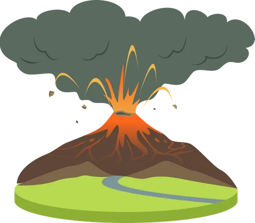 Erupcion Del Volcan En La Ilustracion Del Vector De Dibujos Animados De La Zona Rural Actividad Volcanica Volcan Activo Que Arroja Lava Y Humo Catastrofe Calamidad Desastre Natural De Color Plano Aislado Sobre Fondo Blanco Ilustración