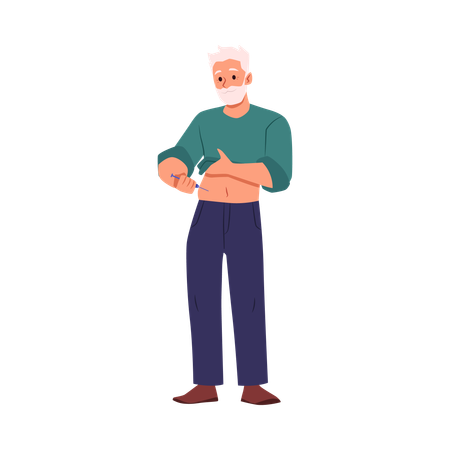 Erwachsener bärtiger Mann macht sich selbst eine Injektion in den Magen  Illustration