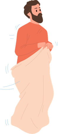 Erwachsener bärtiger Mann, der an Herausforderungsspringen im Sack teilnimmt  Illustration