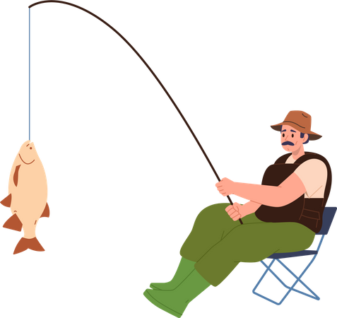 Erwachsener Fischer hält gefangenen frischen Fisch an der Rute, während er auf einem Stuhl sitzt  Illustration