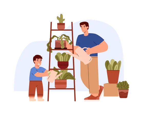 Erwachsener Mann mit kleinem Sohn, der Blumen gießt  Illustration