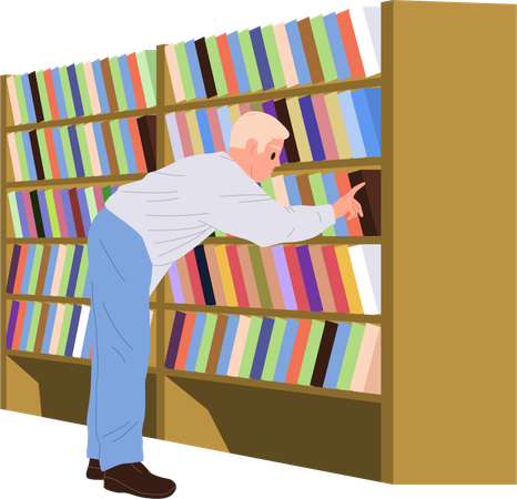 Erwachsener Mann wählt Buch im Bücherregal in der Bibliothek  Illustration