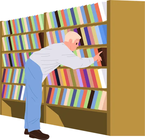 Erwachsener Mann wählt Buch im Bücherregal in der Bibliothek  Illustration