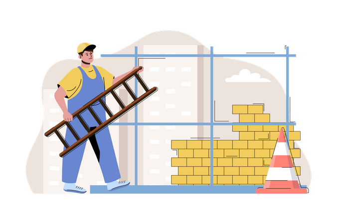Trabalho masculino carregando escada em um canteiro de obras  Ilustração