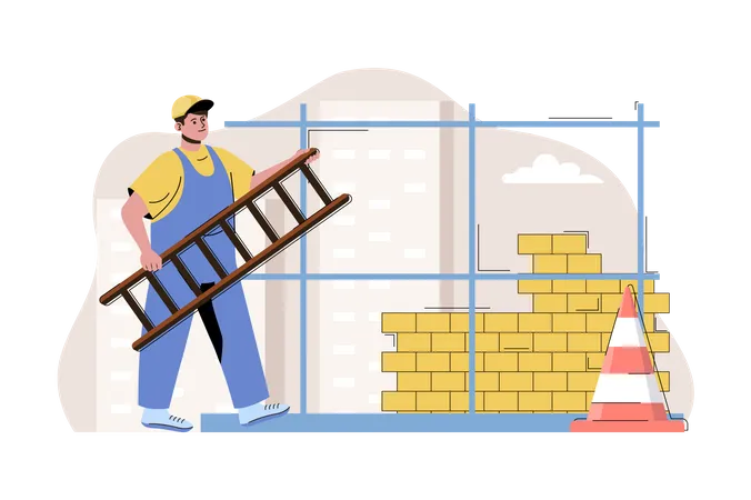 Trabalho masculino carregando escada em um canteiro de obras  Ilustração